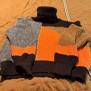 SHEIN Colorblock Turtleneck Sweater - Black, Orange, Brown, Gray